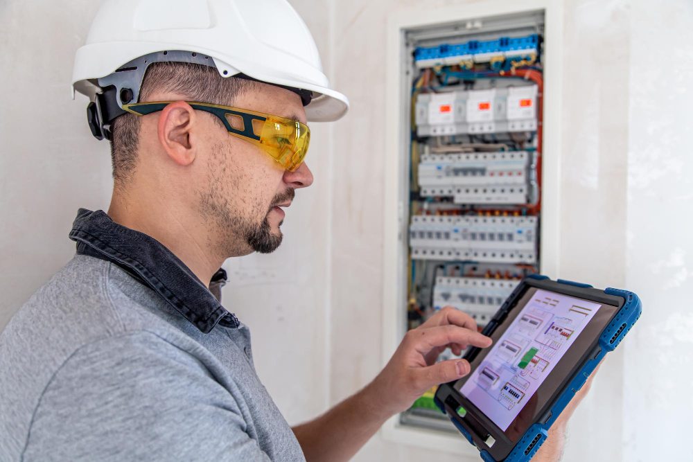 Technicien électricien travaillant dans un tableau électrique avec des fusibles et ayant l'air concentré