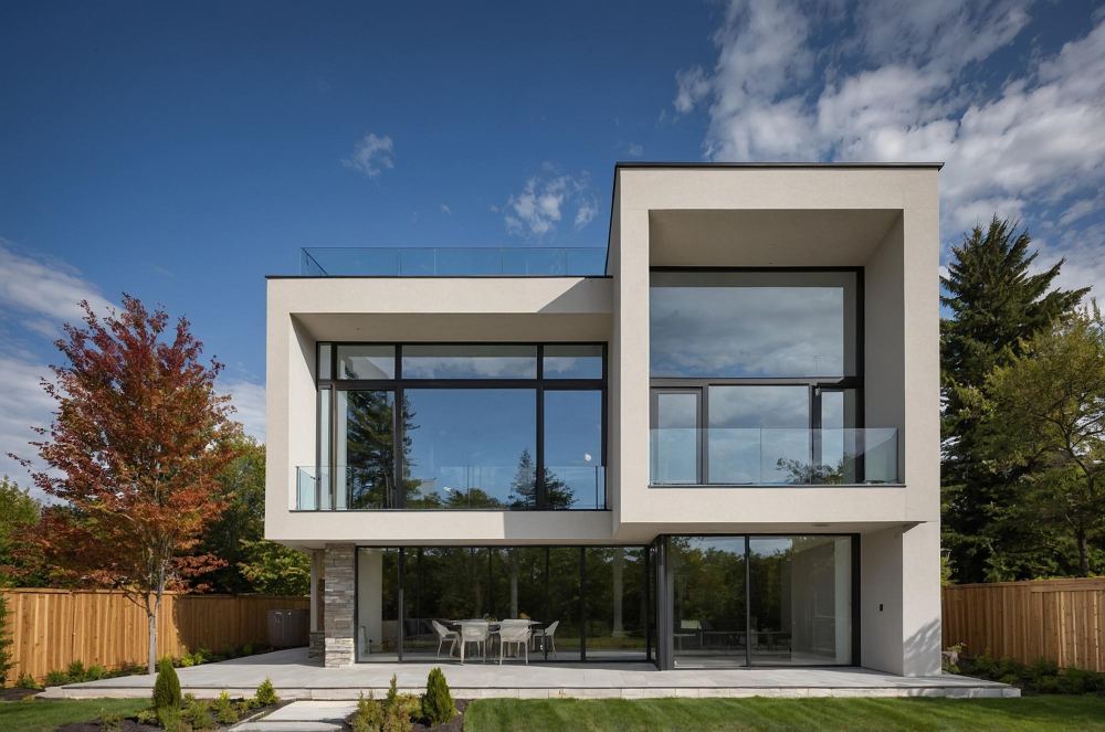 Une maison avec beaucoup de fenêtres et beaucoup d'arbres